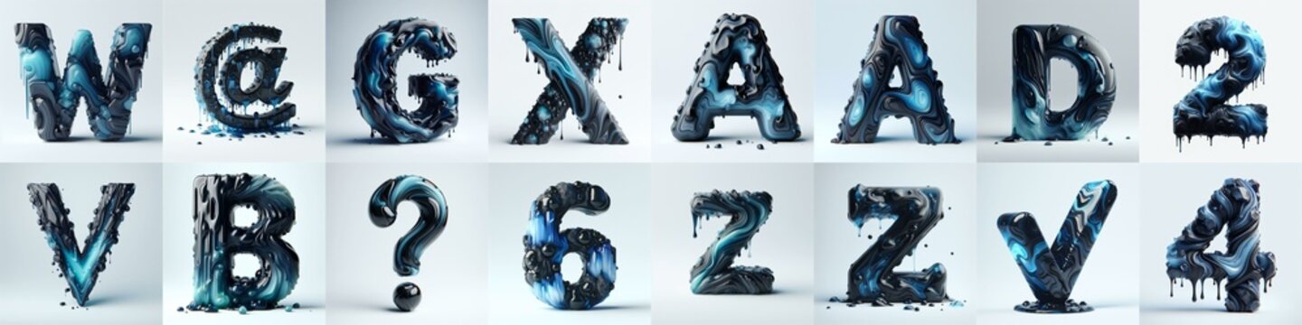 Obsidian and Blue glass 3D Lettering Typeface. AI generated illustration