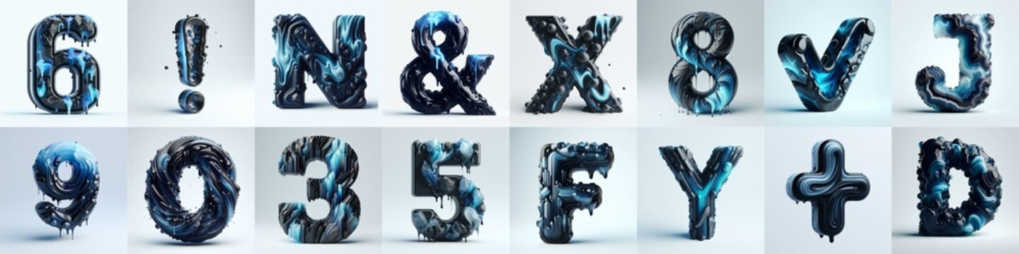 Obsidian and Blue glass 3D Lettering Typeface. AI generated illustration