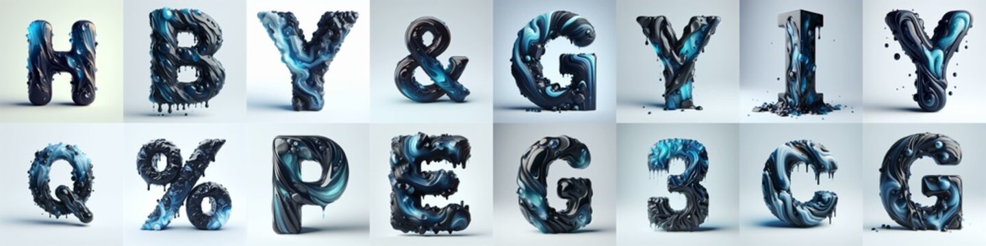 Obsidian and Blue glass 3D Lettering Typeface. AI generated illustration
