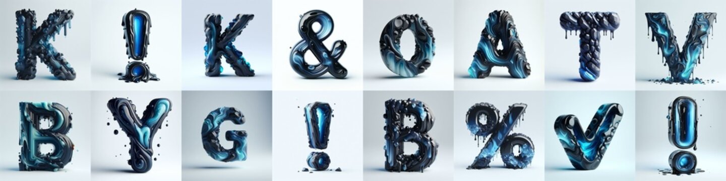 Obsidian and Blue glass 3D Lettering Typeface. AI generated illustration
