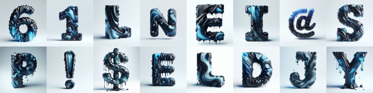 Obsidian and Blue glass 3D Lettering Typeface. AI generated illustration