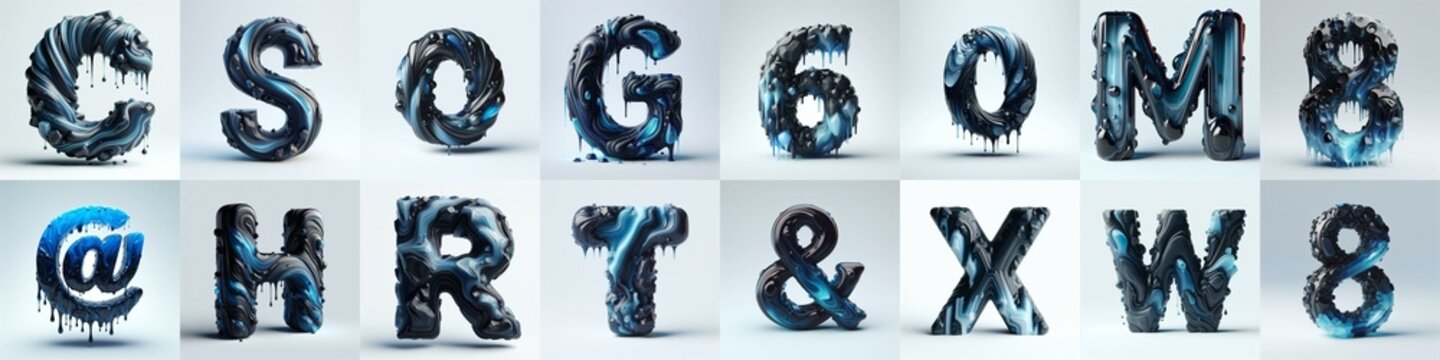 Obsidian and Blue glass 3D Lettering Typeface. AI generated illustration