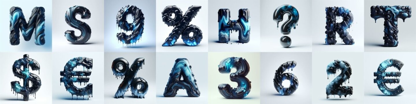 Obsidian and Blue glass 3D Lettering Typeface. AI generated illustration