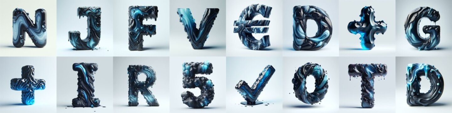 Obsidian and Blue glass 3D Lettering Typeface. AI generated illustration