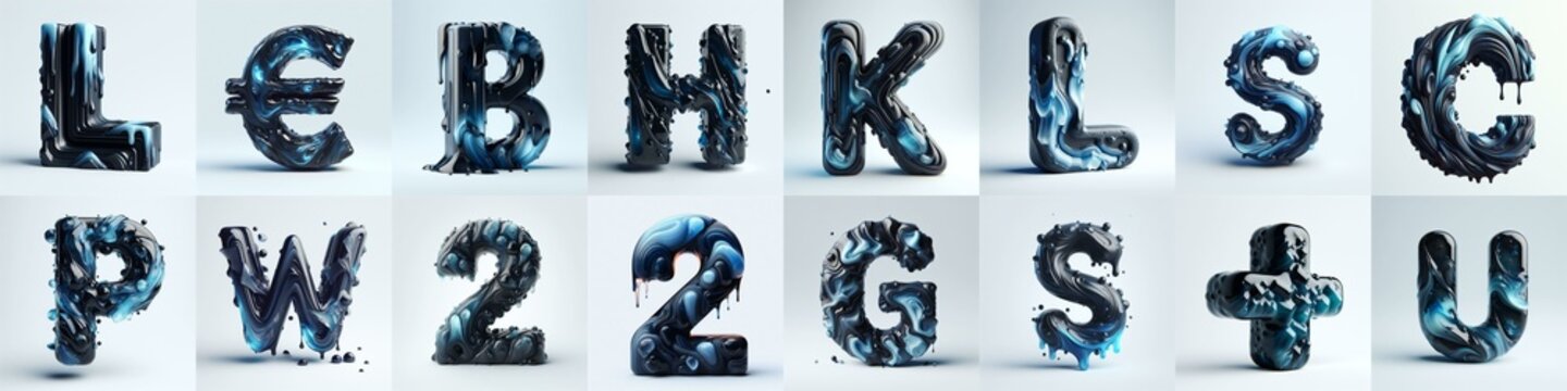 Obsidian and Blue glass 3D Lettering Typeface. AI generated illustration