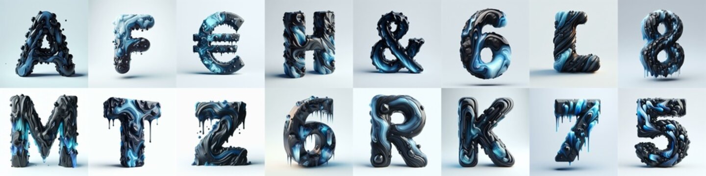Obsidian and Blue glass 3D Lettering Typeface. AI generated illustration