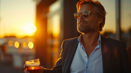 A rugged man with a sun-kissed face, clad in casual attire and donning glasses, enjoys a refreshing drink of beer under the warm outdoor sun