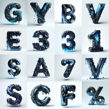 Obsidian and Blue glass 3D Lettering Typeface. AI generated illustration