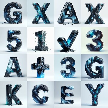 Obsidian and Blue glass 3D Lettering Typeface. AI generated illustration