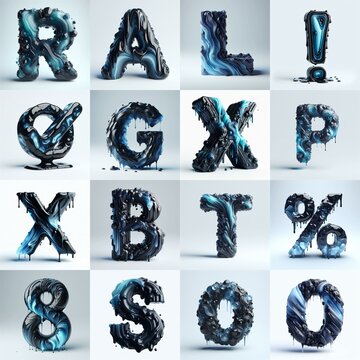 Obsidian and Blue glass 3D Lettering Typeface. AI generated illustration