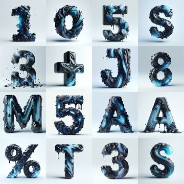 Obsidian and Blue glass 3D Lettering Typeface. AI generated illustration