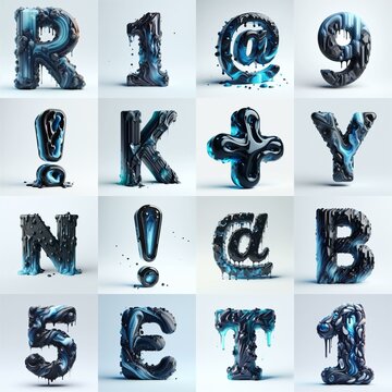 Obsidian and Blue glass 3D Lettering Typeface. AI generated illustration