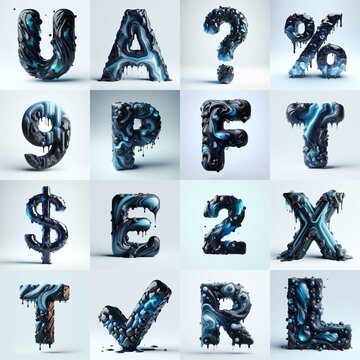 Obsidian and Blue glass 3D Lettering Typeface. AI generated illustration