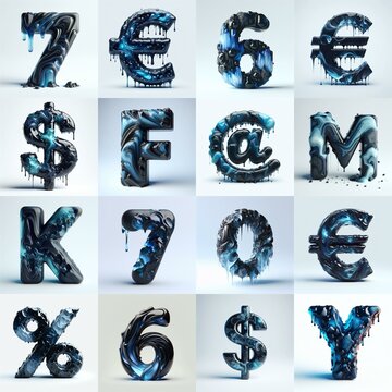 Obsidian and Blue glass 3D Lettering Typeface. AI generated illustration