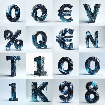 Obsidian and Blue glass 3D Lettering Typeface. AI generated illustration