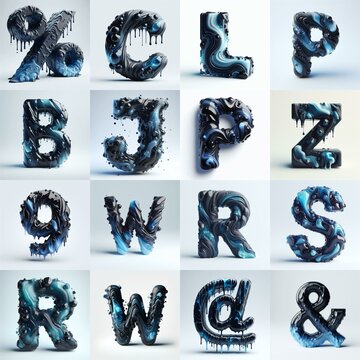 Obsidian and Blue glass 3D Lettering Typeface. AI generated illustration