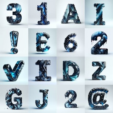 Obsidian and Blue glass 3D Lettering Typeface. AI generated illustration