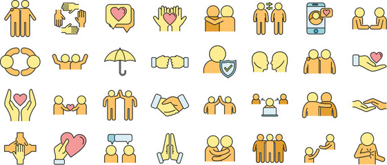 Poster - trust team icons set outline vector. people community. partnership union
