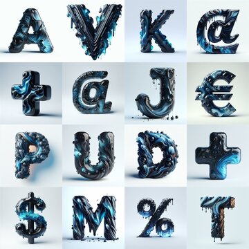 Obsidian and Blue glass 3D Lettering Typeface. AI generated illustration