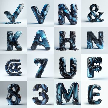 Obsidian and Blue glass 3D Lettering Typeface. AI generated illustration