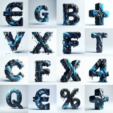 Obsidian and Blue glass 3D Lettering Typeface. AI generated illustration
