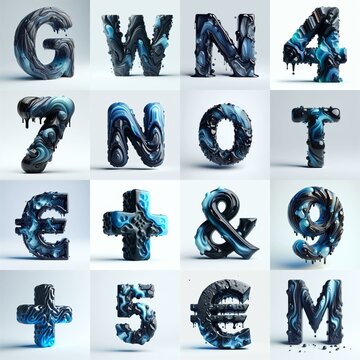 Obsidian and Blue glass 3D Lettering Typeface. AI generated illustration