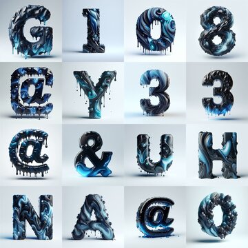 Obsidian and Blue glass 3D Lettering Typeface. AI generated illustration