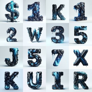 Obsidian and Blue glass 3D Lettering Typeface. AI generated illustration