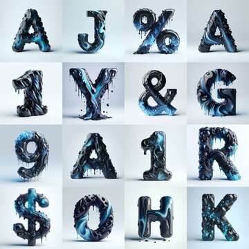 Obsidian and Blue glass 3D Lettering Typeface. AI generated illustration