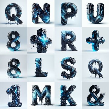 Obsidian and Blue glass 3D Lettering Typeface. AI generated illustration