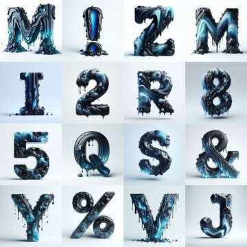 Obsidian and Blue glass 3D Lettering Typeface. AI generated illustration