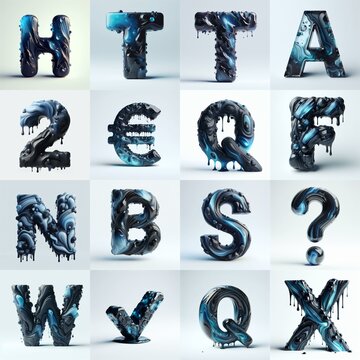Obsidian and Blue glass 3D Lettering Typeface. AI generated illustration