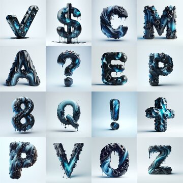 Obsidian and Blue glass 3D Lettering Typeface. AI generated illustration