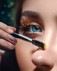 Woman paints eyelashes with makeup brush. Part of a blue eyed girl's face with makeup. Close up.