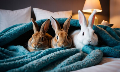 Three rabbits are curled up under colorful fluffy blanket on top of the bed. Group of cute Easter bunny baby rabbits laying on cozy background. Pascha, Resurrection Sunday, Christian cultural holiday