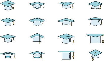 Poster - academy graduation hat icons set outline vector. school celebration. university cap