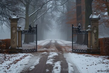 Canvas Print - a snowy road with trees and gated driveway