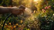 Enchanting image of a hand holding a watering hose spray gun, nurturing plants in a vibrant garden.