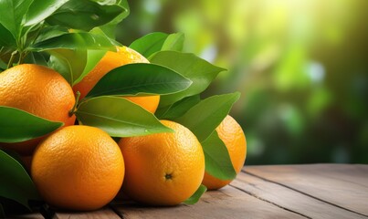 Fresh oranges on a wooden table with garden background