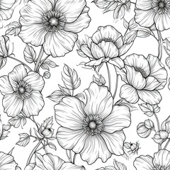 Coloring book flowers doodle style black outline.