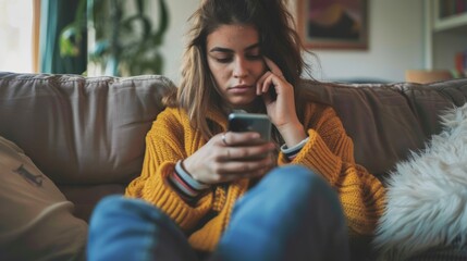 A thoughtful young woman sitting on a sofa, using her mobile smartphone with a concentrated expression