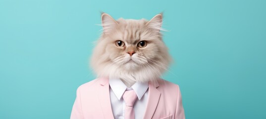 Wall Mural - Anthropomorphic cat in business suit at corporate workplace, studio shot with copy space on wall.