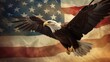 The national symbol of the USA. Eagle flying with USA flag in the background. Digital art.