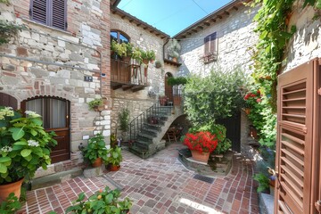  Elegant and efficient Umbrian townhouse, ancient stone walls, courtyard, panoramic terrace with loggia, medieval city town. generative AI