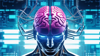 Aufkleber - Cyborg, humanoid robot with AI brain. BCI chip, human engineering concept