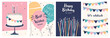 © Diana Kuleniuk - Happy Birthday. Birthday greeting cards. Invitation to the celebration. Online birthday wishes. Printable cards. Birthday cake, candles, balloons, and festive flags. Greetings