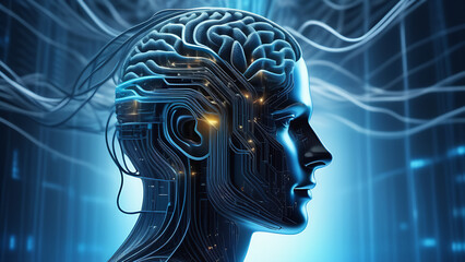 Aufkleber - Cyborg with AI brain. BCI chip, human engineering concept. Machine learning, neural network