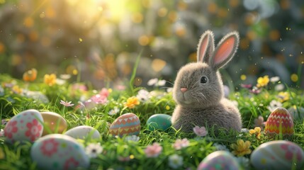 Easter scene featuring a plush Easter bunny nestled among vibrant Easter eggs in a lush grassy field