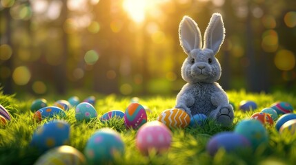 Wall Mural - Easter scene featuring a plush Easter bunny nestled among vibrant Easter eggs in a lush grassy field