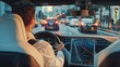 © Maestro - Self-driving car with relaxed man sitting at driver seat is driving on busy highway road in the city. Concept of machine learning, artificial intelligence and augmented reality
